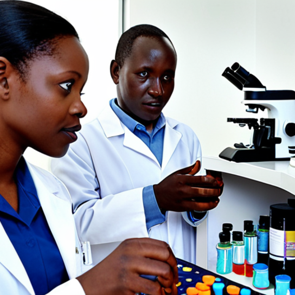 **

Prompt: A diverse group of Kenyan pharmacists and researchers collaborating in a modern laboratory setting, showcasing local pharmaceutical innovation and development. The image should evoke a sense of progress, collaboration, and dedication to improving healthcare access in Kenya. Include elements like microscopes, digital displays showing drug molecule structures, and people wearing lab coats.

**