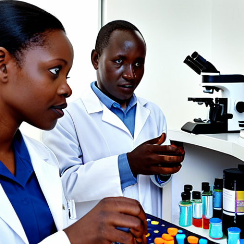 Home 18 **
Prompt: A diverse group of Kenyan pharmacists and researchers collaborating in a modern laboratory setting, showcasing local pharmaceutical innovation and development. The image should evoke a sense of progress, collaboration, and dedication to improving healthcare access in Kenya. Include elements like microscopes, digital displays showing drug molecule structures, and people wearing lab coats.
**