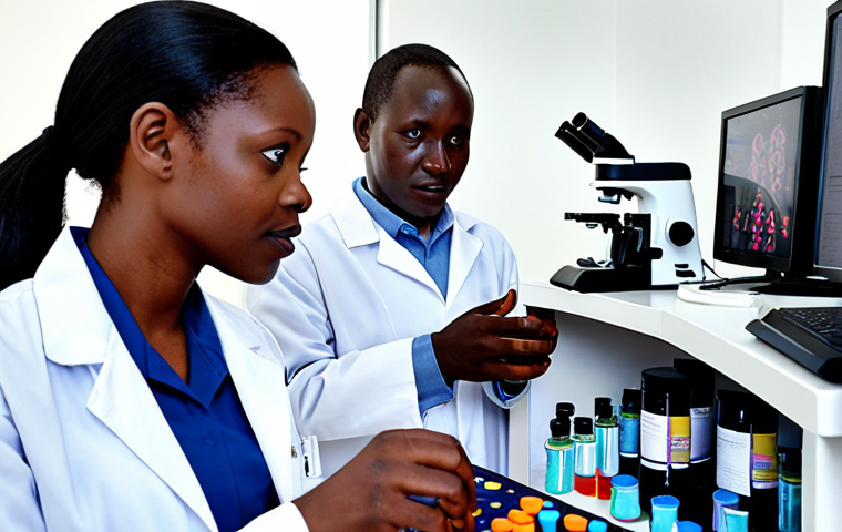 **

Prompt: A diverse group of Kenyan pharmacists and researchers collaborating in a modern laboratory setting, showcasing local pharmaceutical innovation and development. The image should evoke a sense of progress, collaboration, and dedication to improving healthcare access in Kenya. Include elements like microscopes, digital displays showing drug molecule structures, and people wearing lab coats.

**