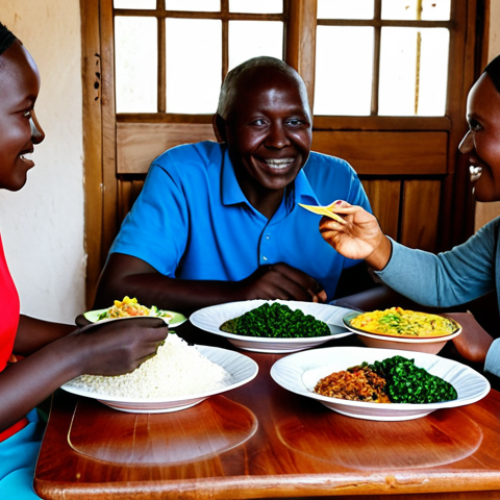 Home 17 A Kenyan family or small group (2-3 people) seated around a simple wooden table, enjoying a traditional meal in a clean, welcoming local restaurant or home. On the table, there is a mound of white *Ugali*, a vibrant bowl of green *Sukuma Wiki*, and slices of grilled *Nyama Choma*. Subjects are fully clothed in modest, everyday attire, engaging in natural conversation. The scene is illuminated by soft, natural light, creating a warm, inviting atmosphere. professional photography, high resolution, perfect anatomy, correct proportions, natural pose, well-formed hands, proper finger count, natural body proportions, appropriate content, safe for work, family-friendly, fully clothed.