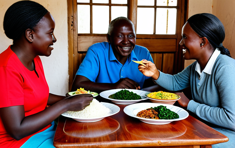 A Kenyan family or small group (2-3 people) seated around a simple wooden table, enjoying a traditional meal in a clean, welcoming local restaurant or home. On the table, there is a mound of white *Ugali*, a vibrant bowl of green *Sukuma Wiki*, and slices of grilled *Nyama Choma*. Subjects are fully clothed in modest, everyday attire, engaging in natural conversation. The scene is illuminated by soft, natural light, creating a warm, inviting atmosphere. professional photography, high resolution, perfect anatomy, correct proportions, natural pose, well-formed hands, proper finger count, natural body proportions, appropriate content, safe for work, family-friendly, fully clothed.