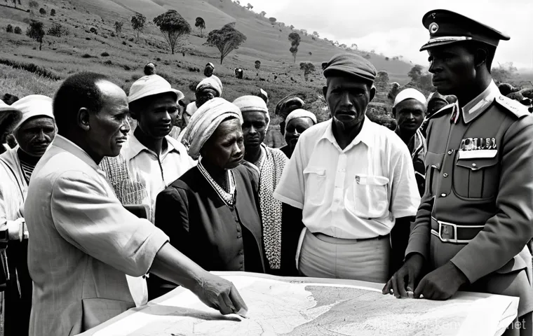 케냐의 주요 전쟁과 갈등 - A historical scene depicting a British colonial officer, stern-faced and impeccably dressed in a col...