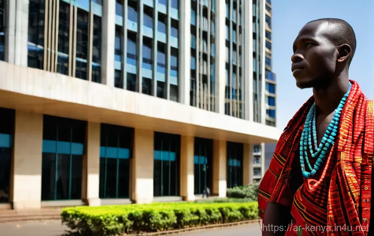 케냐의 전통과 현대의 융합 - **Prompt:** A young, proud Maasai man, approximately 25 years old, stands confidently on a bustling,...