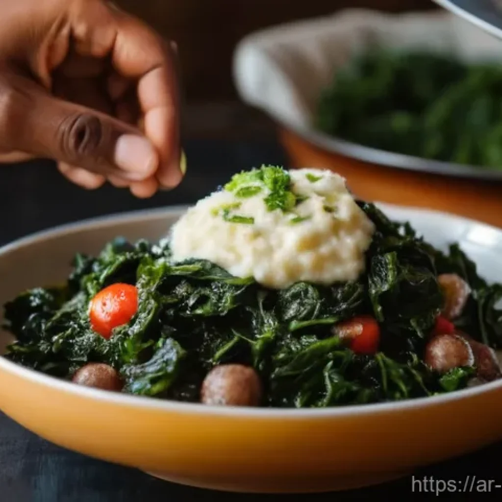 케냐의 대표 요리 - "A close-up, authentic shot of hands, one adult and one child, gracefully using small, perfectly for...