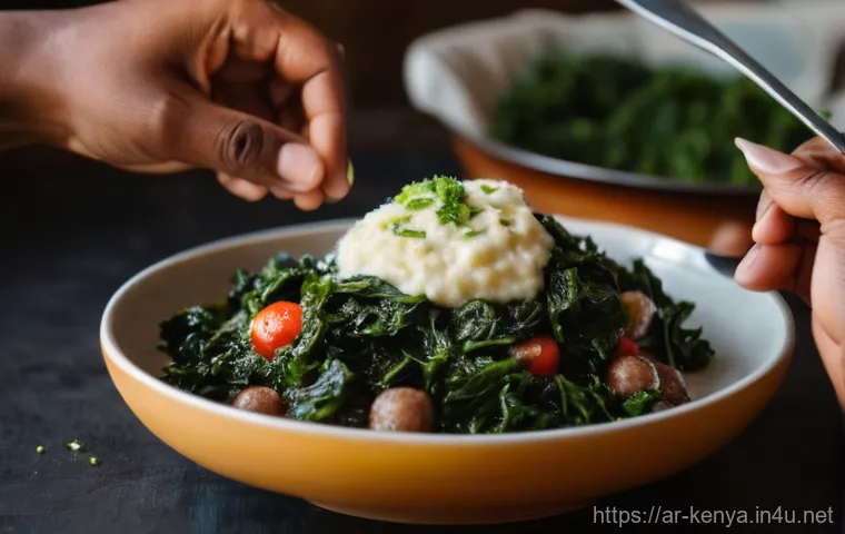케냐의 대표 요리 - "A close-up, authentic shot of hands, one adult and one child, gracefully using small, perfectly for...