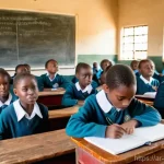 케냐의 교육 제도 - A busy classroom in a Kenyan primary school, filled with over 70 young students (ages 6-10) wearing ...