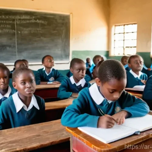 케냐의 교육 제도 - A busy classroom in a Kenyan primary school, filled with over 70 young students (ages 6-10) wearing ...