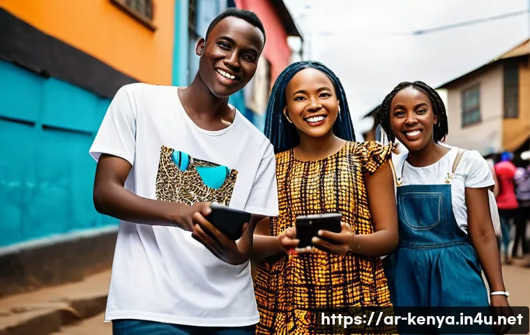 케냐의 소셜 미디어 트렌드 - **Vibrant Kenyan Youth Creating Digital Content:** A group of diverse, energetic Kenyan young adults...