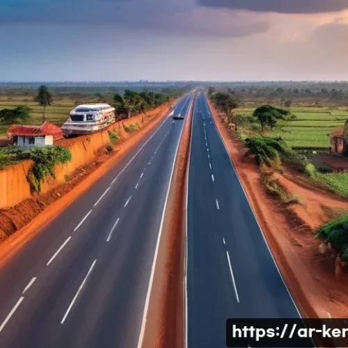 케냐의 교통 시스템 - A detailed aerial view of a modernized Kenyan highway stretching through both urban and rural landsc...