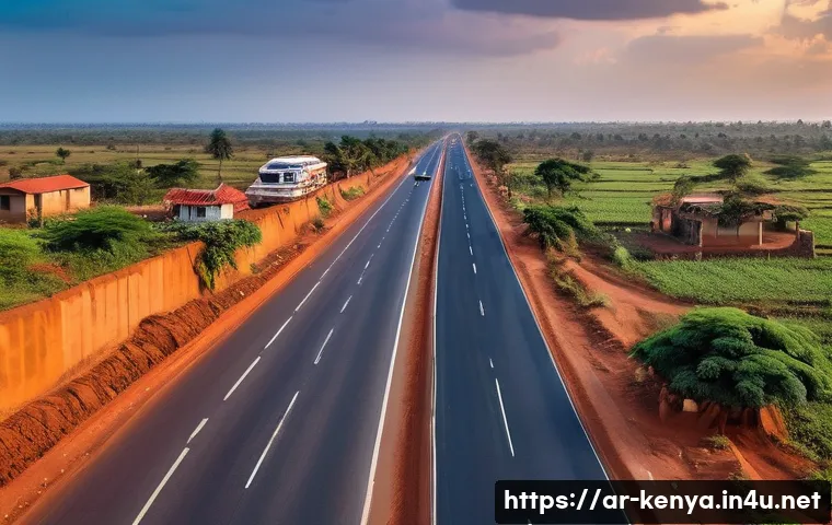 케냐의 교통 시스템 - A detailed aerial view of a modernized Kenyan highway stretching through both urban and rural landsc...