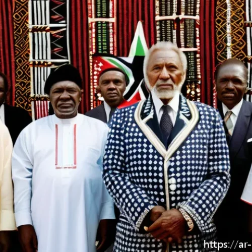 조모 케냐타 생애 - A dignified portrait of Jomo Kenyatta in traditional Kikuyu attire, standing confidently in front of...