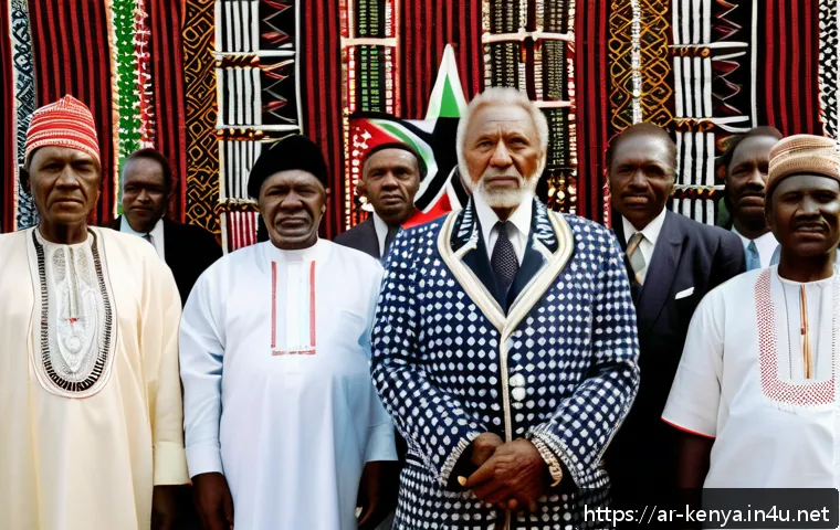 조모 케냐타 생애 - A dignified portrait of Jomo Kenyatta in traditional Kikuyu attire, standing confidently in front of...