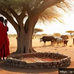 케냐의 문화적 다양성 - A vibrant morning scene in a Maasai village on the southern plains of Kenya, showing men wearing tra...