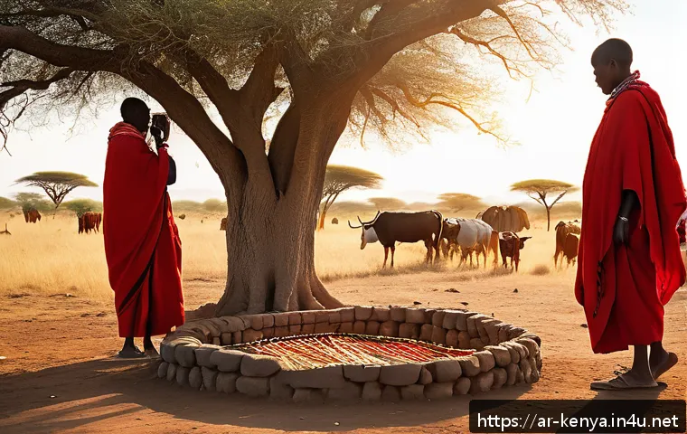 케냐의 문화적 다양성 - A vibrant morning scene in a Maasai village on the southern plains of Kenya, showing men wearing tra...