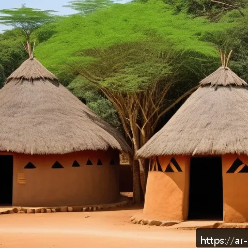케냐의 전통 건축 양식 - A traditional Kenyan village scene featuring mud-brick houses with thatched roofs made from natural ...