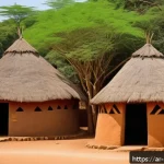 케냐의 전통 건축 양식 - A traditional Kenyan village scene featuring mud-brick houses with thatched roofs made from natural ...