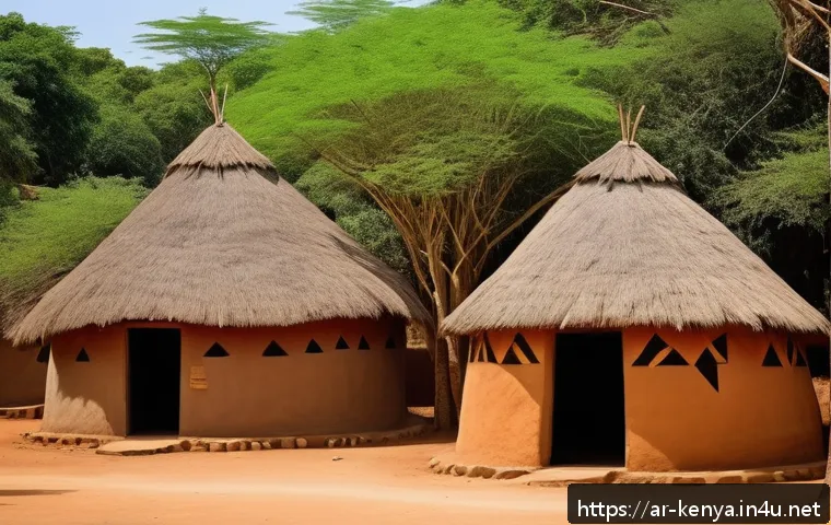 케냐의 전통 건축 양식 - A traditional Kenyan village scene featuring mud-brick houses with thatched roofs made from natural ...