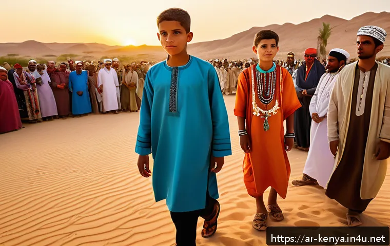 마사이족 문화 - A vibrant traditional coming-of-age ceremony in a desert village setting, featuring a young adolesce...