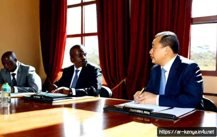 케냐와 중국 관계 - Photorealistic diplomatic meeting between Kenyan and Chinese officials in a bright Nairobi governmen...